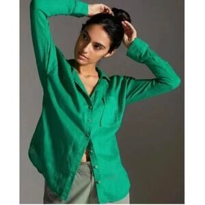 Maeve Anthropologie Top Emerald Kelly Green Button Up 100% Linen Shirt XS EUC